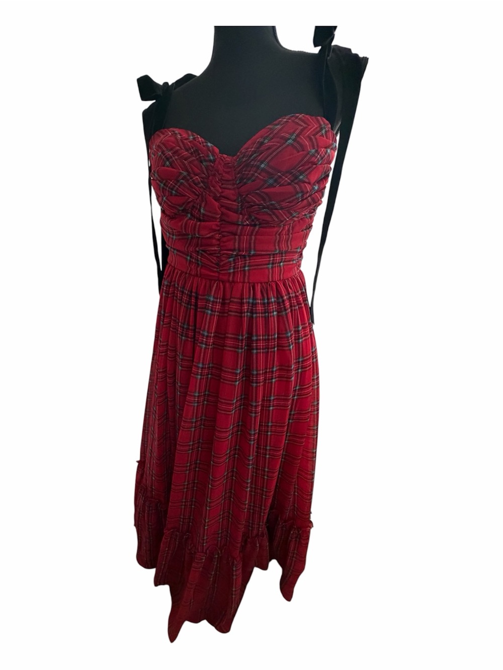 B Darlin Bustier Bodice Red Plaid Maxi Dress with Tie Straps